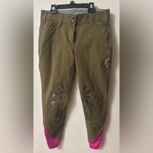 STRUCK APPAREL WOMENS 50 SERIES Equestrian Breeches Olive Green/Pink Ankle Sz 28